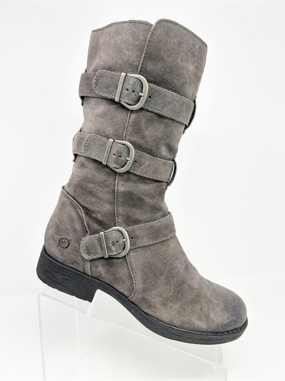 Born Gray Suede Mid-Calf Moto Biker Boots Triple Buckle Side Zip Size 7.5
